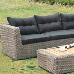 Luxurious Dark Gray Rattan Outdoor Sectional Sofa Set with Black Cushions and Wooden Coffee Table,Luxurious Dark Gray Rattan Outdoor Sectional Sofa Set with Black Cushions and Wooden Coffee Table
