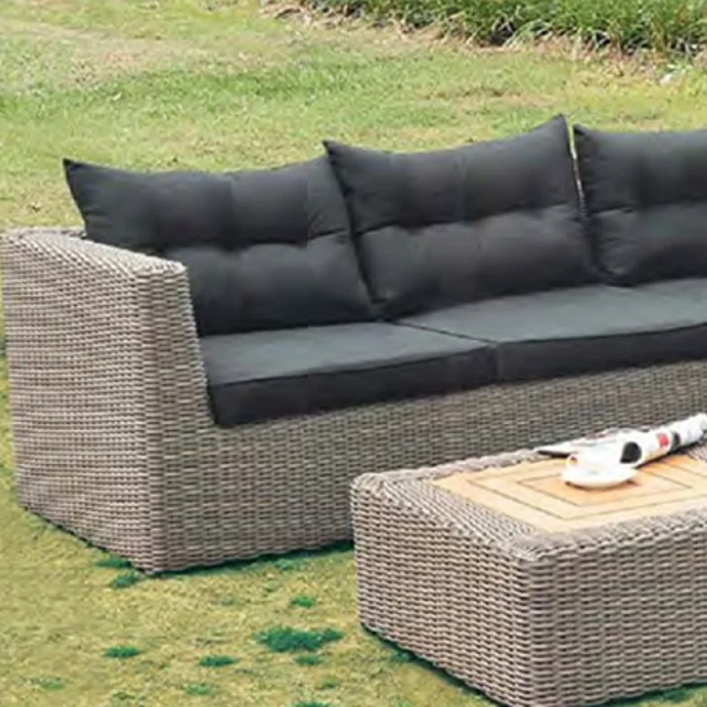 Luxurious Dark Gray Rattan Outdoor Sectional Sofa Set with Black Cushions and Wooden Coffee Table,Luxurious Dark Gray Rattan Outdoor Sectional Sofa Set with Black Cushions and Wooden Coffee Table