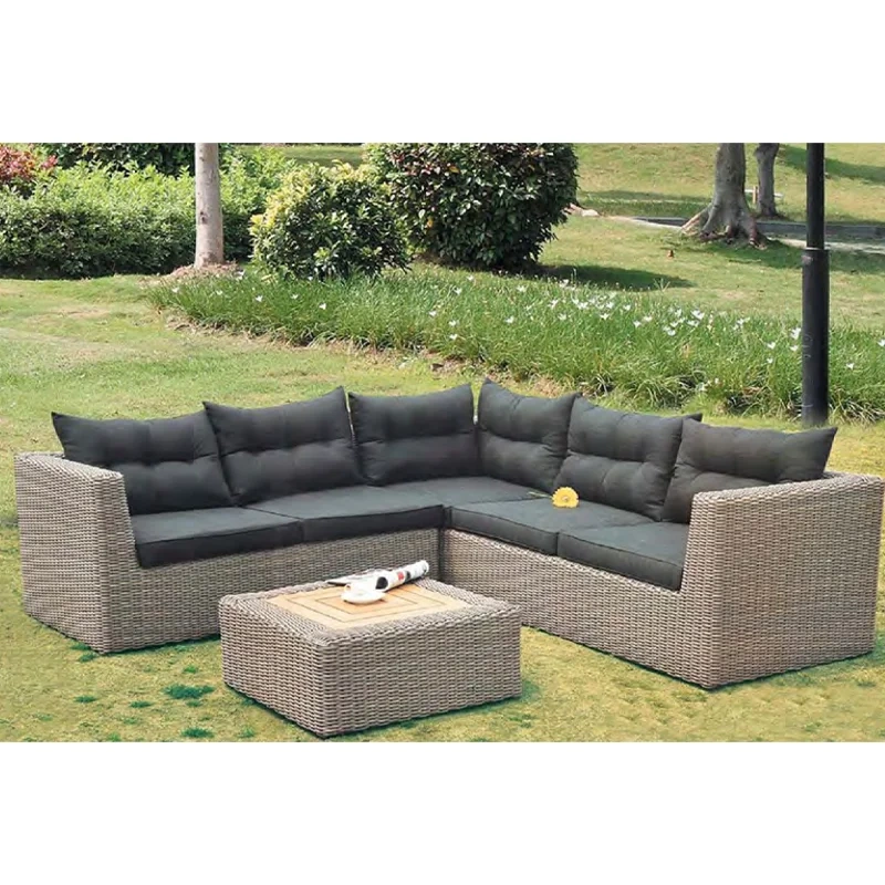 Luxurious Dark Gray Rattan Outdoor Sectional Sofa Set with Black Cushions and Wooden Coffee Table,Luxurious Dark Gray Rattan Outdoor Sectional Sofa Set with Black Cushions and Wooden Coffee Table