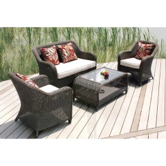 Cozy Dark Gray Rattan Outdoor Sofa Set with White Cushions and Patterned Throw Pillows,Cozy Dark Gray Rattan Outdoor Sofa Set with White Cushions and Patterned Throw Pillows
