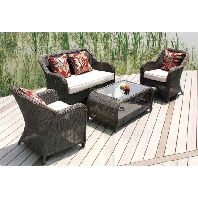 Cozy Dark Gray Rattan Outdoor Sofa Set with White Cushions and Patterned Throw Pillows,Cozy Dark Gray Rattan Outdoor Sofa Set with White Cushions and Patterned Throw Pillows