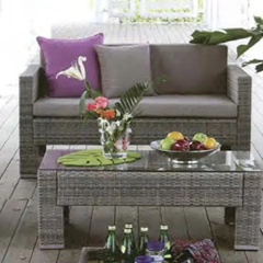 Elegant Gray Wicker Outdoor Sofa Set with Lavender Accent Pillows and Glass Top Coffee Table for Patio,Elegant Gray Wicker Outdoor Sofa Set with Lavender Accent Pillows and Glass Top Coffee Table for Patio