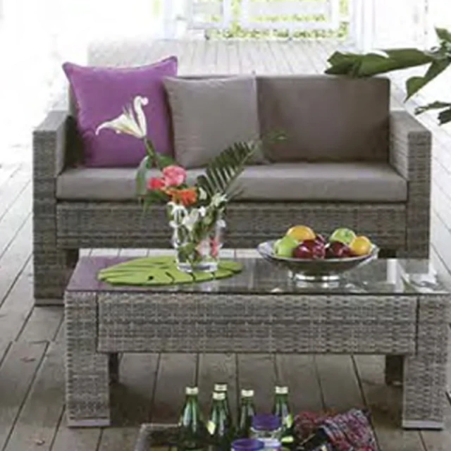 Elegant Gray Wicker Outdoor Sofa Set with Lavender Accent Pillows and Glass Top Coffee Table for Patio,Elegant Gray Wicker Outdoor Sofa Set with Lavender Accent Pillows and Glass Top Coffee Table for Patio