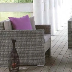 Elegant Gray Wicker Outdoor Sofa Set with Lavender Accent Pillows and Glass Top Coffee Table for Patio,Elegant Gray Wicker Outdoor Sofa Set with Lavender Accent Pillows and Glass Top Coffee Table for Patio