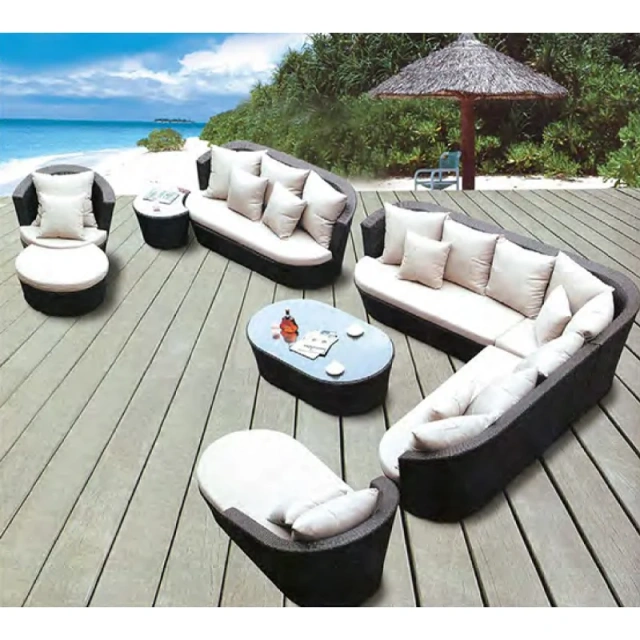 Modern Black Wicker Outdoor Sofa Set with Cream Cushions and Glass-Top Coffee Table for Patio,Modern Black Wicker Outdoor Sofa Set with Cream Cushions and Glass-Top Coffee Table for Patio