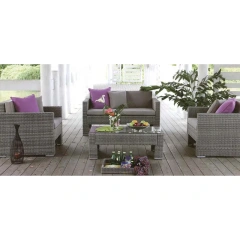 Elegant Gray Wicker Outdoor Sofa Set with Lavender Accent Pillows and Glass Top Coffee Table for Patio,Elegant Gray Wicker Outdoor Sofa Set with Lavender Accent Pillows and Glass Top Coffee Table for Patio