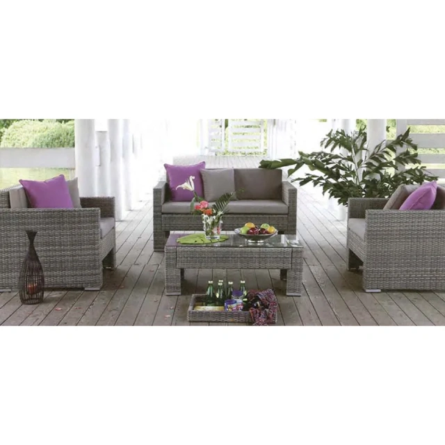 Elegant Gray Wicker Outdoor Sofa Set with Lavender Accent Pillows and Glass Top Coffee Table for Patio,Elegant Gray Wicker Outdoor Sofa Set with Lavender Accent Pillows and Glass Top Coffee Table for Patio