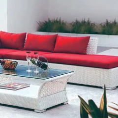 Vibrant White Wicker Outdoor Sofa Set with Bold Red Cushions and Glass Top Coffee Table,Vibrant White Wicker Outdoor Sofa Set with Bold Red Cushions and Glass Top Coffee Table