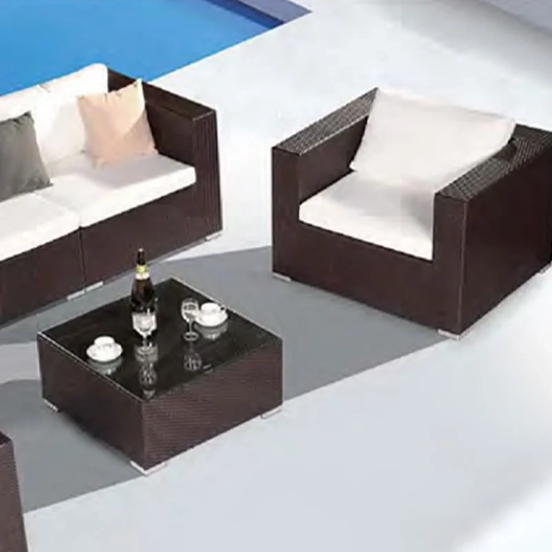 Sophisticated Dark Brown Rattan Outdoor Sectional Sofa Set with White Cushions and Glass Table,Sophisticated Dark Brown Rattan Outdoor Sectional Sofa Set with White Cushions and Glass Table