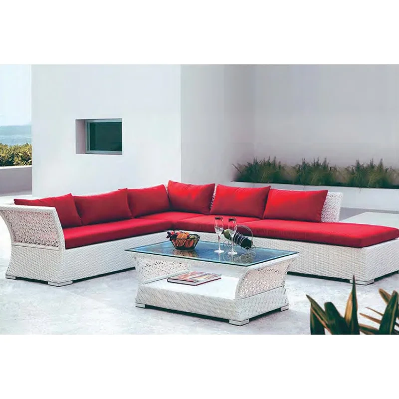 Vibrant White Wicker Outdoor Sofa Set with Bold Red Cushions and Glass Top Coffee Table,Vibrant White Wicker Outdoor Sofa Set with Bold Red Cushions and Glass Top Coffee Table
