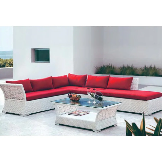 Vibrant White Wicker Outdoor Sofa Set with Bold Red Cushions and Glass Top Coffee Table,Vibrant White Wicker Outdoor Sofa Set with Bold Red Cushions and Glass Top Coffee Table