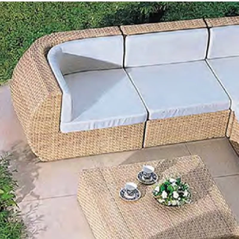 Trendy Natural Rattan Outdoor Sofa Set with White Cushions and Glass Top Coffee Table for Garden,Trendy Natural Rattan Outdoor Sofa Set with White Cushions and Glass Top Coffee Table for Garden