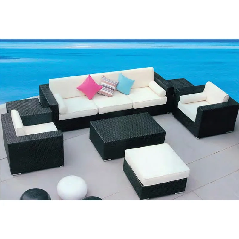 Contemporary Black Wicker Outdoor Sofa Set with White Cushions and Colorful Accent Pillows,Contemporary Black Wicker Outdoor Sofa Set with White Cushions and Colorful Accent Pillows