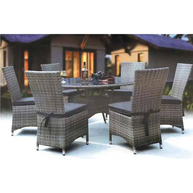 Refined Dark Wicker Outdoor Dining Set with Glass Top Table and Plush Cushion Chairs for Backyard,Refined Dark Wicker Outdoor Dining Set with Glass Top Table and Plush Cushion Chairs for Backyard