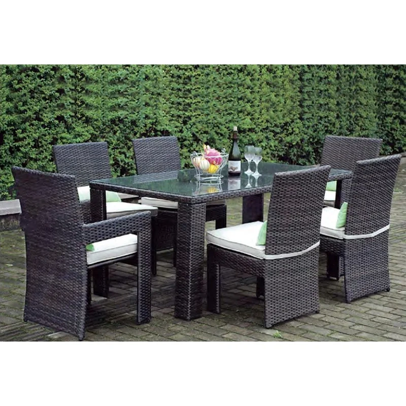 Elegant Dark Rattan Outdoor Dining Set with Glass Top Table and Comfortable Cushion Chairs for Garden,Elegant Dark Rattan Outdoor Dining Set with Glass Top Table and Comfortable Cushion Chairs for Garden