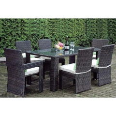 Elegant Dark Rattan Outdoor Dining Set with Glass Top Table and Comfortable Cushion Chairs for Garden,Elegant Dark Rattan Outdoor Dining Set with Glass Top Table and Comfortable Cushion Chairs for Garden