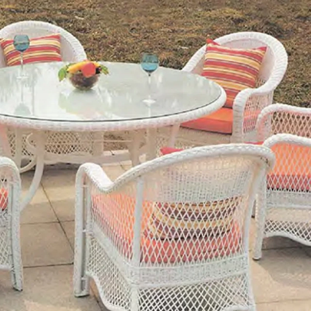 Vibrant White Wicker Outdoor Table and Chair Set with Glass Top and Colorful Striped Cushions,Vibrant White Wicker Outdoor Table and Chair Set with Glass Top and Colorful Striped Cushions
