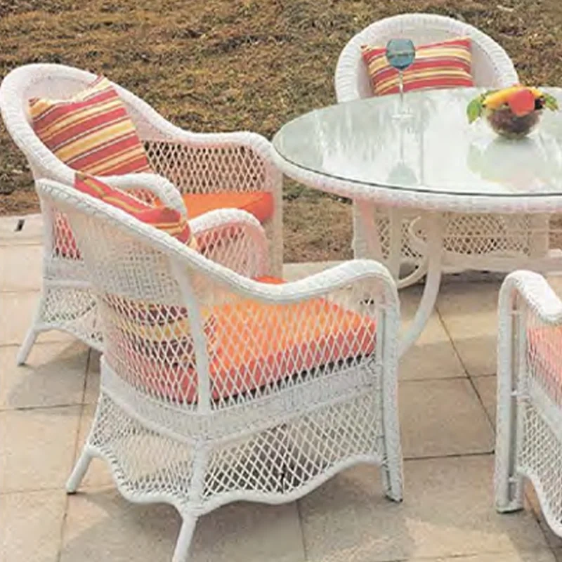 Vibrant White Wicker Outdoor Table and Chair Set with Glass Top and Colorful Striped Cushions,Vibrant White Wicker Outdoor Table and Chair Set with Glass Top and Colorful Striped Cushions