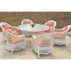Vibrant White Wicker Outdoor Table and Chair Set with Glass Top and Colorful Striped Cushions,Vibrant White Wicker Outdoor Table and Chair Set with Glass Top and Colorful Striped Cushions
