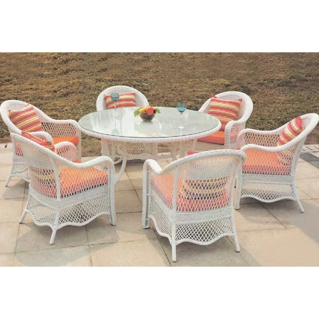 Vibrant White Wicker Outdoor Table and Chair Set with Glass Top and Colorful Striped Cushions,Vibrant White Wicker Outdoor Table and Chair Set with Glass Top and Colorful Striped Cushions