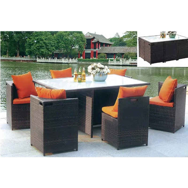 Stylish Dark Brown Wicker Outdoor Table and Chair Set with Vibrant Orange Cushions and Glass Top,Stylish Dark Brown Wicker Outdoor Table and Chair Set with Vibrant Orange Cushions and Glass Top