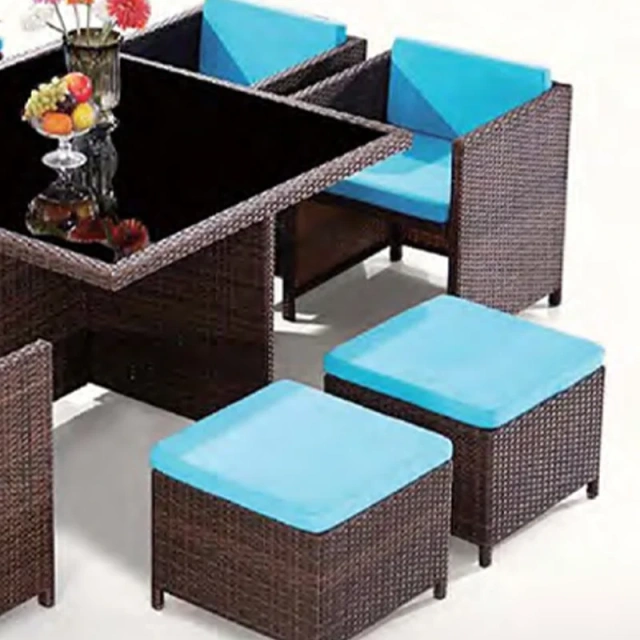Cozy Dark Rattan Outdoor Table and Chair Set with Sky Blue Cushions and Glass Top for Patio,Cozy Dark Rattan Outdoor Table and Chair Set with Sky Blue Cushions and Glass Top for Patio