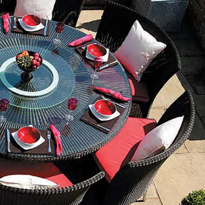 Elegant Dark Rattan Outdoor Dining Set with Glass Top Table and Bold Red Cushions for Garden,Elegant Dark Rattan Outdoor Dining Set with Glass Top Table and Bold Red Cushions for Garden