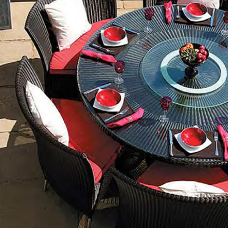 Elegant Dark Rattan Outdoor Dining Set with Glass Top Table and Bold Red Cushions for Garden,Elegant Dark Rattan Outdoor Dining Set with Glass Top Table and Bold Red Cushions for Garden