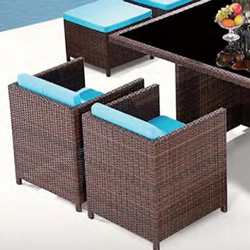 Cozy Dark Rattan Outdoor Table and Chair Set with Sky Blue Cushions and Glass Top for Patio,Cozy Dark Rattan Outdoor Table and Chair Set with Sky Blue Cushions and Glass Top for Patio