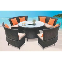 Sophisticated Dark Rattan Outdoor Dining Set with Glass Top Table and Vibrant Orange Cushions for Garden,Sophisticated Dark Rattan Outdoor Dining Set with Glass Top Table and Vibrant Orange Cushions for Garden