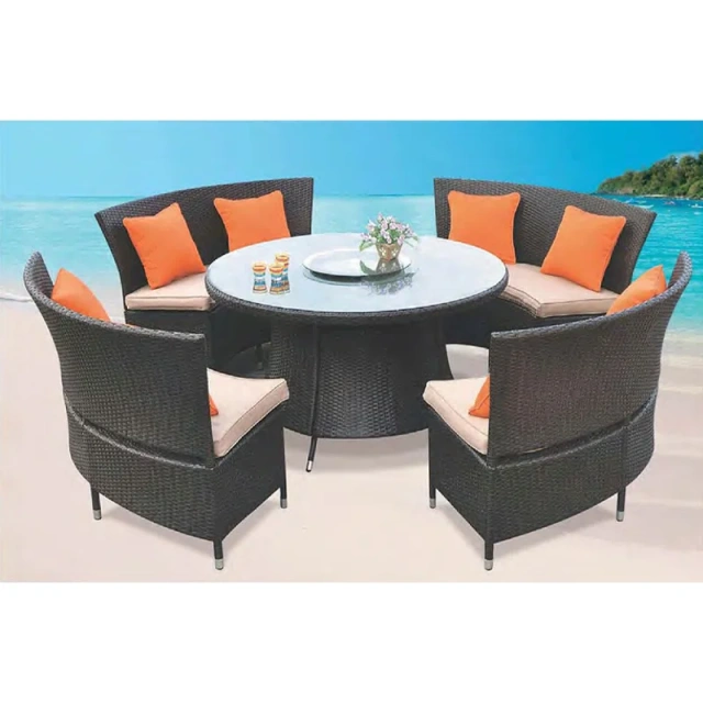 Sophisticated Dark Rattan Outdoor Dining Set with Glass Top Table and Vibrant Orange Cushions for Garden,Sophisticated Dark Rattan Outdoor Dining Set with Glass Top Table and Vibrant Orange Cushions for Garden