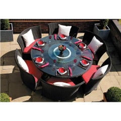 Elegant Dark Rattan Outdoor Dining Set with Glass Top Table and Bold Red Cushions for Garden,Elegant Dark Rattan Outdoor Dining Set with Glass Top Table and Bold Red Cushions for Garden