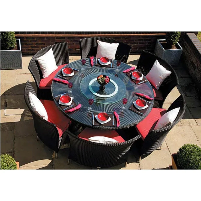 Elegant Dark Rattan Outdoor Dining Set with Glass Top Table and Bold Red Cushions for Garden,Elegant Dark Rattan Outdoor Dining Set with Glass Top Table and Bold Red Cushions for Garden