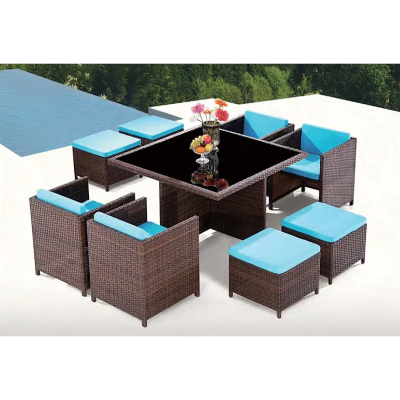 Cozy Dark Rattan Outdoor Table and Chair Set with Sky Blue Cushions and Glass Top for Patio,Cozy Dark Rattan Outdoor Table and Chair Set with Sky Blue Cushions and Glass Top for Patio