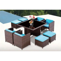 Cozy Dark Rattan Outdoor Table and Chair Set with Sky Blue Cushions and Glass Top for Patio,Cozy Dark Rattan Outdoor Table and Chair Set with Sky Blue Cushions and Glass Top for Patio