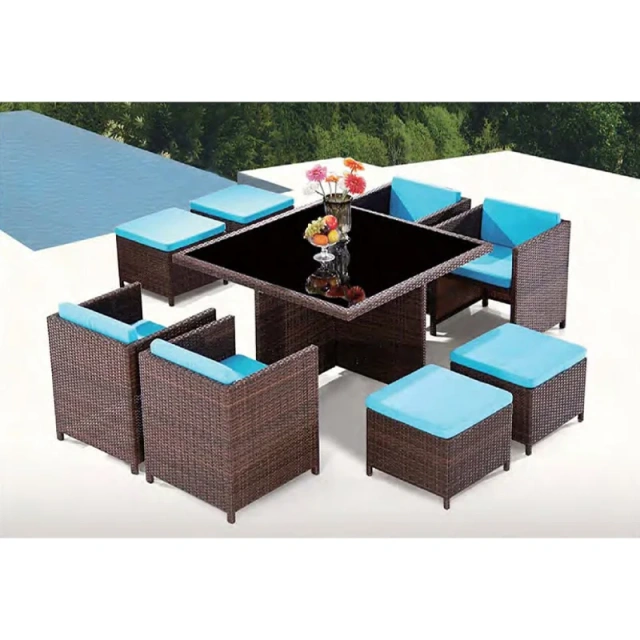 Cozy Dark Rattan Outdoor Table and Chair Set with Sky Blue Cushions and Glass Top for Patio,Cozy Dark Rattan Outdoor Table and Chair Set with Sky Blue Cushions and Glass Top for Patio