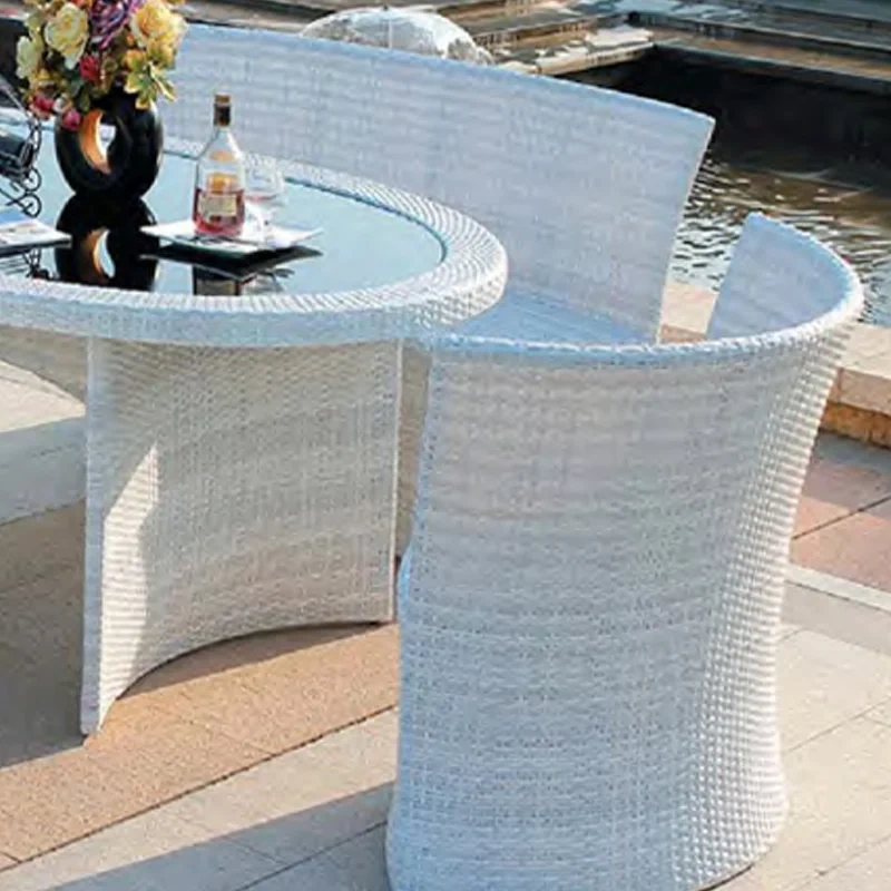Trendy White Wicker Outdoor Set with Glass Top Table and Curved Backrest Chairs for Patio,Trendy White Wicker Outdoor Set with Glass Top Table and Curved Backrest Chairs for Patio