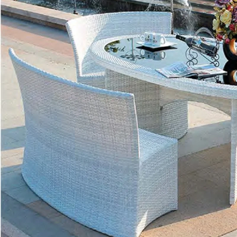 Trendy White Wicker Outdoor Set with Glass Top Table and Curved Backrest Chairs for Patio,Trendy White Wicker Outdoor Set with Glass Top Table and Curved Backrest Chairs for Patio