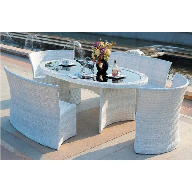 Trendy White Wicker Outdoor Set with Glass Top Table and Curved Backrest Chairs for Patio,Trendy White Wicker Outdoor Set with Glass Top Table and Curved Backrest Chairs for Patio