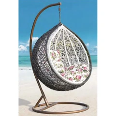 Coastal Chic Black Wicker Hanging Egg Chair with Floral Seat Cushion for Beachside Leisure,Coastal Chic Black Wicker Hanging Egg Chair with Floral Seat Cushion for Beachside Leisure
