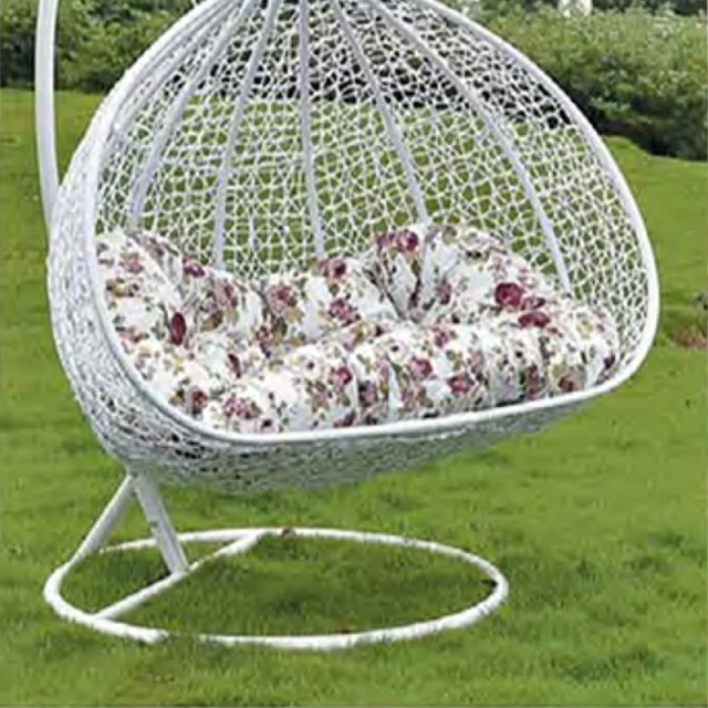 Graceful White Rattan Outdoor Swing Chair with Delicate Floral Cushion for Backyard Retreat,Stylish Black Rattan Outdoor Swing Chair with Vibrant Floral Cushions for Garden Relaxation