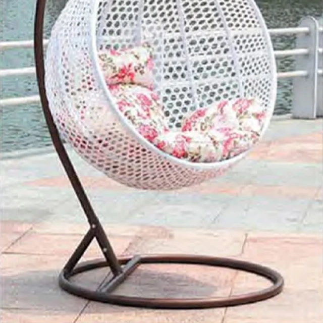 Tranquil White Rattan Outdoor Swing Chair with Refreshing Floral Pattern Cushion for Patio,Stylish Black Rattan Outdoor Swing Chair with Vibrant Floral Cushions for Garden Relaxation