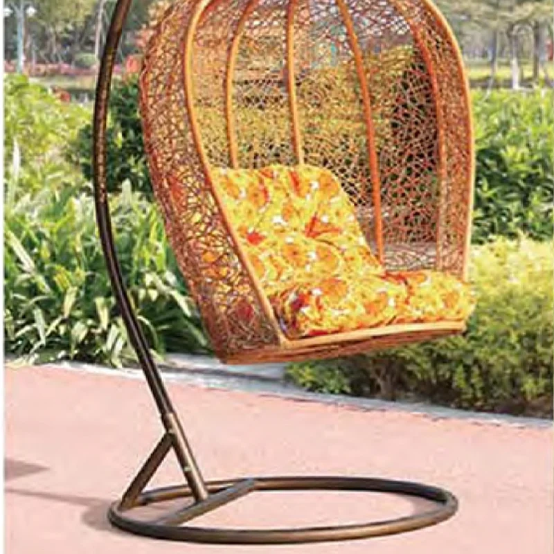 Rustic Brown Rattan Swing Chair with Sunflower-Inspired Cushion for Garden Comfort,Rustic Brown Rattan Swing Chair with Sunflower-Inspired Cushion for Garden Comfort