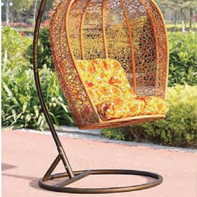Rustic Brown Rattan Swing Chair with Sunflower-Inspired Cushion for Garden Comfort,Rustic Brown Rattan Swing Chair with Sunflower-Inspired Cushion for Garden Comfort