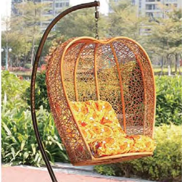 Rustic Brown Rattan Swing Chair with Sunflower-Inspired Cushion for Garden Comfort,Rustic Brown Rattan Swing Chair with Sunflower-Inspired Cushion for Garden Comfort