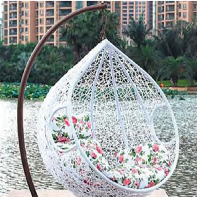 Elegant White Wicker Outdoor Swing Chair with Vibrant Floral Cushion for Garden Tranquility,Stylish Black Rattan Outdoor Swing Chair with Vibrant Floral Cushions for Garden Relaxation