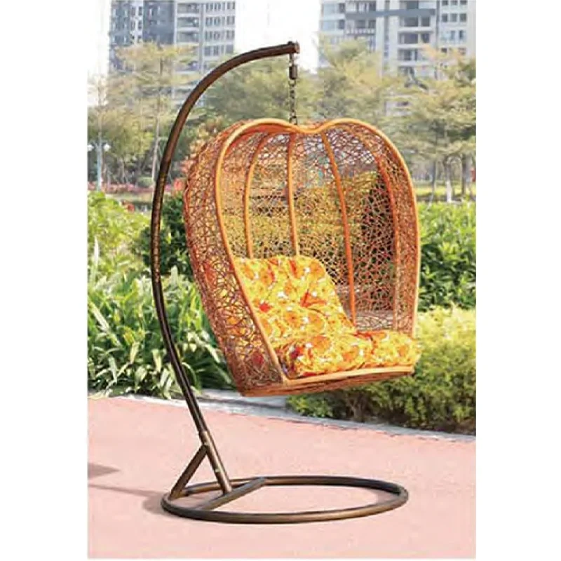 Rustic Brown Rattan Swing Chair with Sunflower-Inspired Cushion for Garden Comfort,Rustic Brown Rattan Swing Chair with Sunflower-Inspired Cushion for Garden Comfort