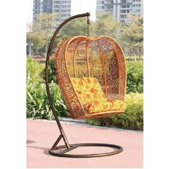 Rustic Brown Rattan Swing Chair with Sunflower-Inspired Cushion for Garden Comfort,Rustic Brown Rattan Swing Chair with Sunflower-Inspired Cushion for Garden Comfort