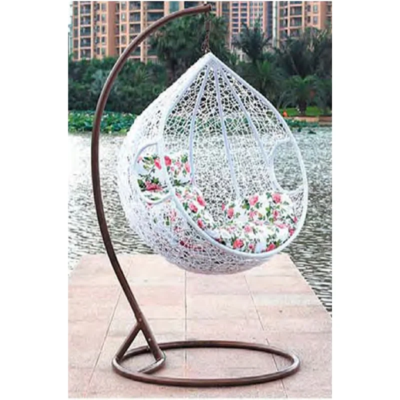 Elegant White Wicker Outdoor Swing Chair with Vibrant Floral Cushion for Garden Tranquility,Stylish Black Rattan Outdoor Swing Chair with Vibrant Floral Cushions for Garden Relaxation