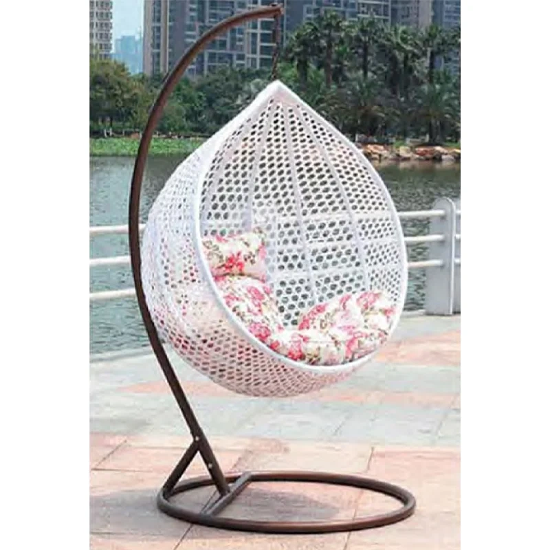 Tranquil White Rattan Outdoor Swing Chair with Refreshing Floral Pattern Cushion for Patio,Stylish Black Rattan Outdoor Swing Chair with Vibrant Floral Cushions for Garden Relaxation